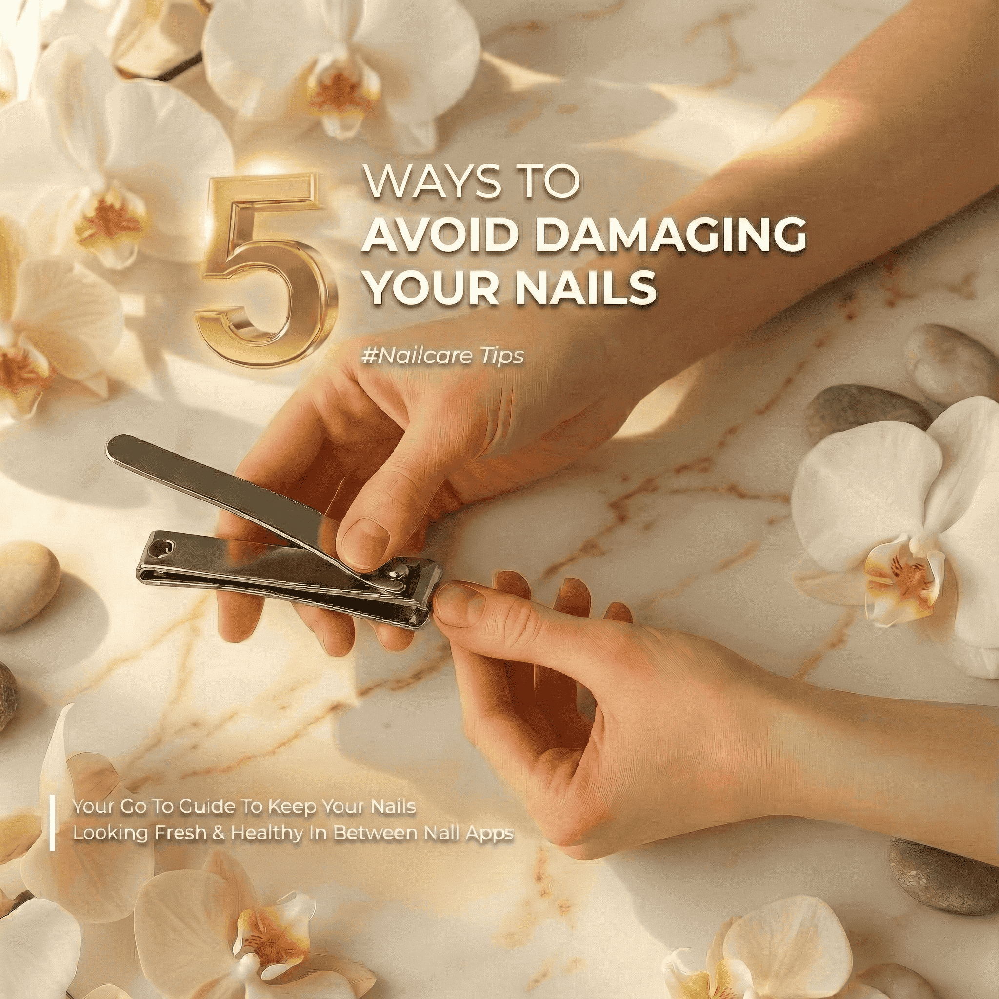 Hands with nail clipper, white orchids, and stones.