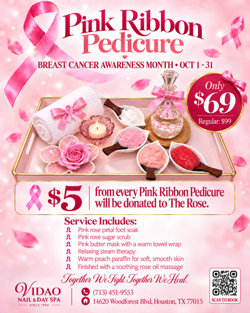 Pink Ribbon Pedicure at Vidao Nails and Day Spa in Houston: October 1–31, $69, with $5 per service donated to The Rose.